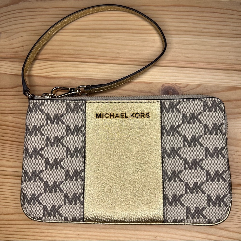 Michael Kors Khaki & Gold Flat Wristlet